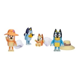 Bluey Figure 4-Packs, Family Trip, 2.5 Inch Poseable, Bingo, Bandit and Chilli, with Accessories, Kids Can Recreate Their Favorite Moments