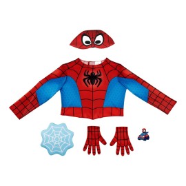 Marvel Spidey and Spin Official Toddler Dress-Up Set - Long-Sleeved Costume Tops with Fabric Half Masks, Gloves, Fabric Web Shields, and Mini Vehicles (3-4T)