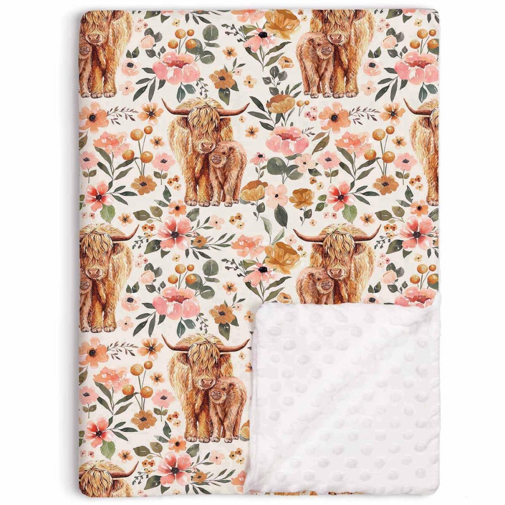 Highland Cow Boho Floral Baby Blanket Unisex, Soft Newborn Minky Blankets with Double Layer Dotted Backing, Farmhouse Themed Receiving Blankets, Toddler Baby Nursery Bed Crib Shower Gifts, 30x40