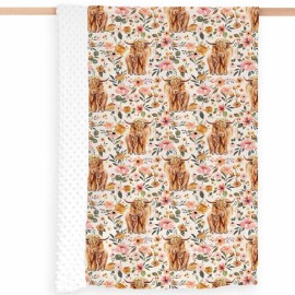 Highland Cow Boho Floral Baby Blanket Unisex, Soft Newborn Minky Blankets with Double Layer Dotted Backing, Farmhouse Themed Receiving Blankets, Toddler Baby Nursery Bed Crib Shower Gifts, 30x40