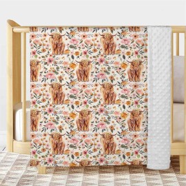 Highland Cow Boho Floral Baby Blanket Unisex, Soft Newborn Minky Blankets with Double Layer Dotted Backing, Farmhouse Themed Receiving Blankets, Toddler Baby Nursery Bed Crib Shower Gifts, 30x40