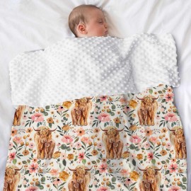 Highland Cow Boho Floral Baby Blanket Unisex, Soft Newborn Minky Blankets with Double Layer Dotted Backing, Farmhouse Themed Receiving Blankets, Toddler Baby Nursery Bed Crib Shower Gifts, 30x40