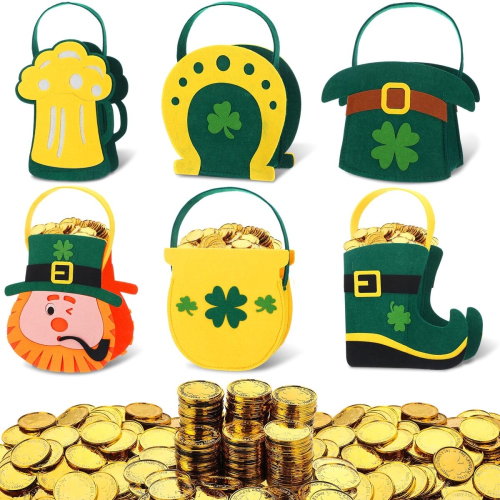 Gemscream 156 Pcs St. Patrick\'s Day Felt Bags Set 6 Pot of Gold Candy Coins Holder Horseshoe Dwarf Pots Clover Felt Bag with Handle 150 Gold Shamrock Coins for Irish Party Decor
