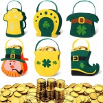 Gemscream 156 Pcs St. Patrick\'s Day Felt Bags Set 6 Pot of Gold Candy Coins Holder Horseshoe Dwarf Pots Clover Felt Bag with Handle 150 Gold Shamrock Coins for Irish Party Decor