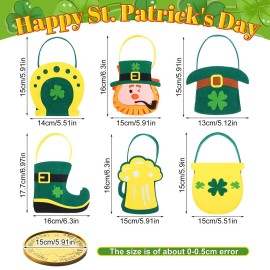 Gemscream 156 Pcs St. Patrick\'s Day Felt Bags Set 6 Pot of Gold Candy Coins Holder Horseshoe Dwarf Pots Clover Felt Bag with Handle 150 Gold Shamrock Coins for Irish Party Decor