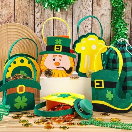 Gemscream 156 Pcs St. Patrick\'s Day Felt Bags Set 6 Pot of Gold Candy Coins Holder Horseshoe Dwarf Pots Clover Felt Bag with Handle 150 Gold Shamrock Coins for Irish Party Decor