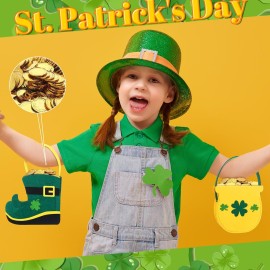 Gemscream 156 Pcs St. Patrick\'s Day Felt Bags Set 6 Pot of Gold Candy Coins Holder Horseshoe Dwarf Pots Clover Felt Bag with Handle 150 Gold Shamrock Coins for Irish Party Decor