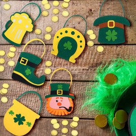Gemscream 156 Pcs St. Patrick\'s Day Felt Bags Set 6 Pot of Gold Candy Coins Holder Horseshoe Dwarf Pots Clover Felt Bag with Handle 150 Gold Shamrock Coins for Irish Party Decor