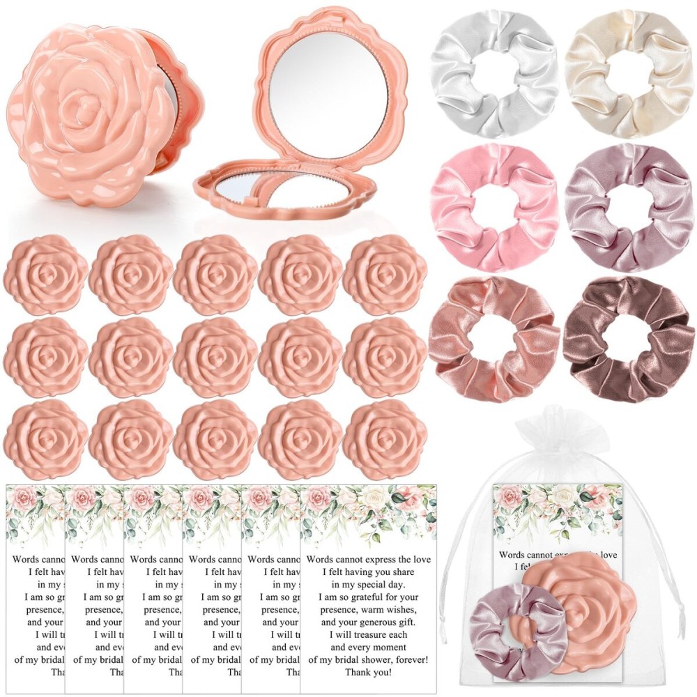 XunYee 30 Sets Bridal Shower Favors for Guests 30 Rose Compact Mirror Bulk 30 Hair Ties Satin Elastic Scrunchies 30 Thank You Card and organza bags Souvenir Gift for Wedding Party Favors(Pink)