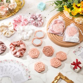 XunYee 30 Sets Bridal Shower Favors for Guests 30 Rose Compact Mirror Bulk 30 Hair Ties Satin Elastic Scrunchies 30 Thank You Card and organza bags Souvenir Gift for Wedding Party Favors(Pink)