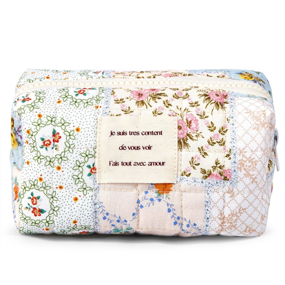 Sminra Floral Makeup Bag Small Cotton Quilted Cosmetic Makeup Bag Organizer, Aesthetic Preppy Portable Pouch Purse Toiletry Bag for Women Girls Travel accessories (Blue Floral-S)