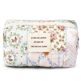 Sminra Floral Makeup Bag Small Cotton Quilted Cosmetic Makeup Bag Organizer, Aesthetic Preppy Portable Pouch Purse Toiletry Bag for Women Girls Travel accessories (Blue Floral-S)