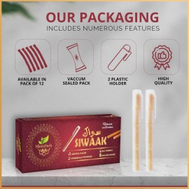 HikmaHerb Pack of 12 Miswak Sticks with 2 Holders - Vacuum Sealed Natural Chewing Sticks for Teeth - Natural Flavored Toothbrush for Teeth Whitening, Oral Health, and Fresh Breath || Pack of 12