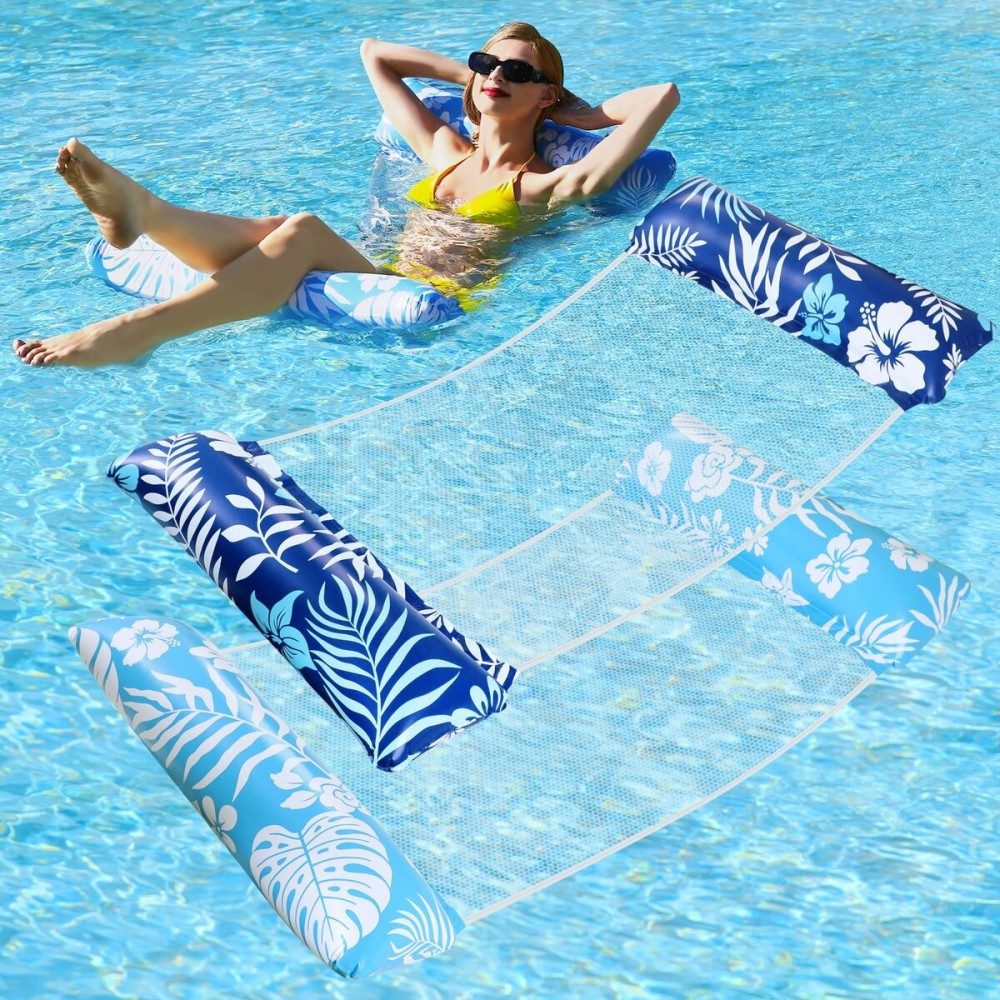 Pool Floats - 2 Pack Pool Floats Adult Size, 4-in-1 Pool Floaties Hammock, Inflatable Pool Float, Non-Stick PVC Material Pool Float Adult - Blue