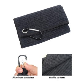 Quacc Premium Golf Towel with Carabiner Clip Absorbent Microfiber Waffle Pattern Golf Towel for Cleaning Golf Ball Club Putter Iron for Golf Bag Trolly Belt Loop (Black)