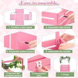 Barydat Large Wooden Baby Shower Crate Closet with Handle and Garland, 17.7inch Baby Shower Basket for Newborn Girl Boys Gifts Pregnancy New Parent(Pink)