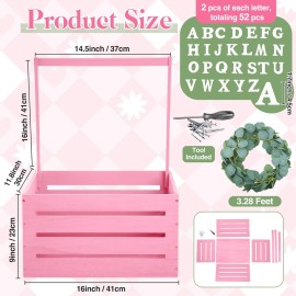 Barydat Large Wooden Baby Shower Crate Closet with Handle and Garland, 17.7inch Baby Shower Basket for Newborn Girl Boys Gifts Pregnancy New Parent(Pink)