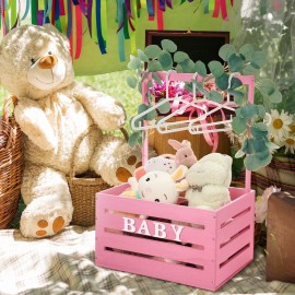 Barydat Large Wooden Baby Shower Crate Closet with Handle and Garland, 17.7inch Baby Shower Basket for Newborn Girl Boys Gifts Pregnancy New Parent(Pink)
