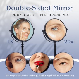 20X Magnified Makeup Mirror with Stand - Double Sided 20x and 1x Cosmetic Mirror for Make Up Desk, Dressing Table, Bathroom Countertop - 6 Wide & 12 Tall (Black)