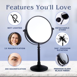 20X Magnified Makeup Mirror with Stand - Double Sided 20x and 1x Cosmetic Mirror for Make Up Desk, Dressing Table, Bathroom Countertop - 6 Wide & 12 Tall (Black)