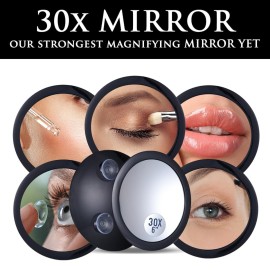 Mega-Powerful 30X Magnifying Makeup Mirror - Stick On, Ultra Portable Travel Cosmetic Mirror for Precise Makeup and Grooming, 6-inch (Black)