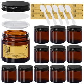 TENLIG 4 oz Glass Jars with Lids,Amber,12 Pack Empty Cosmetic Containers with Inner lids and Inner Liners,Black Metal Lids,Refillable Round Airtight Jars,Use to store Lotion,Powders,Candle Making