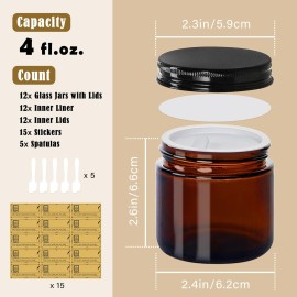 TENLIG 4 oz Glass Jars with Lids,Amber,12 Pack Empty Cosmetic Containers with Inner lids and Inner Liners,Black Metal Lids,Refillable Round Airtight Jars,Use to store Lotion,Powders,Candle Making