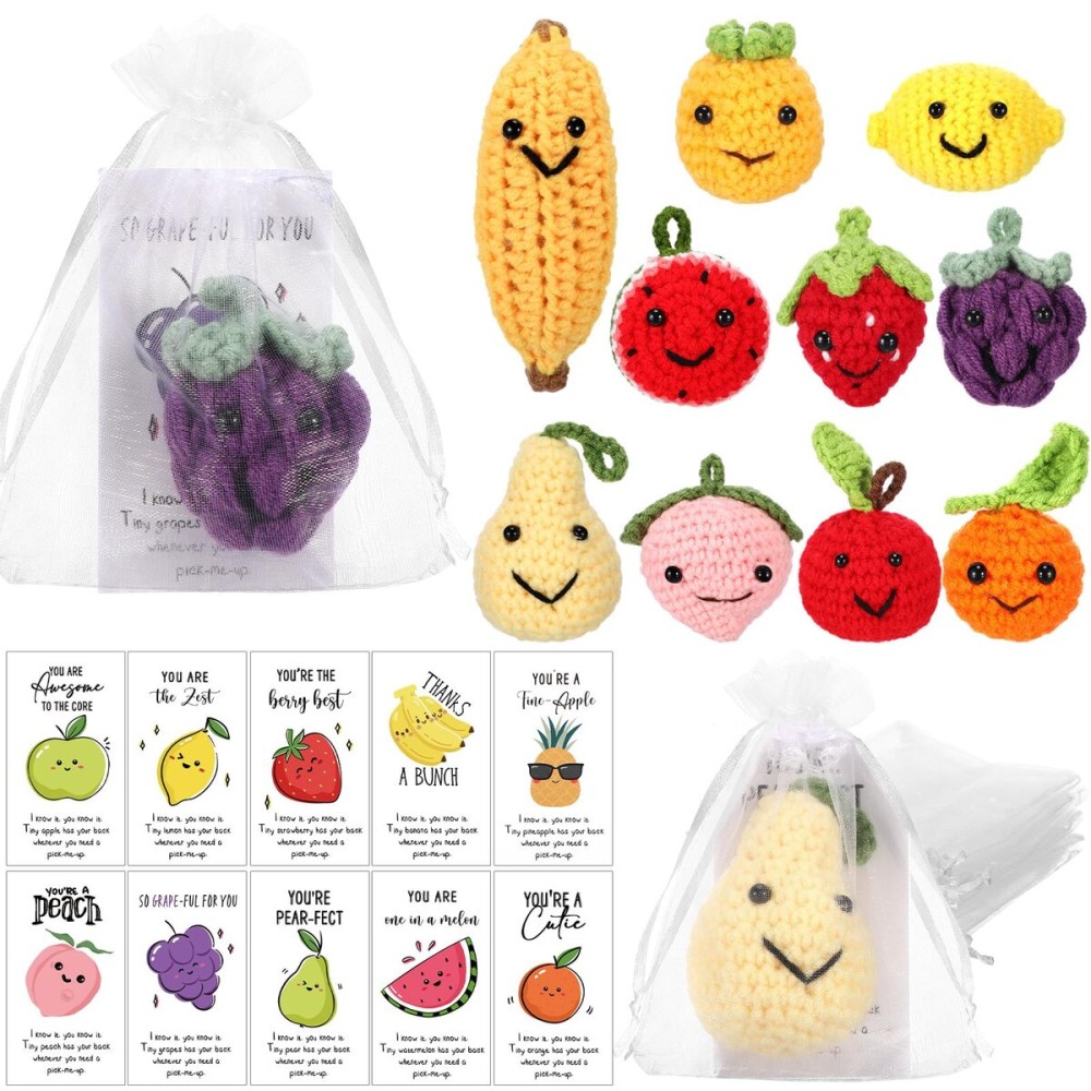 Shappy 20 Sets Inspirational Positive Fruit Toy Gift Cute Funny Wool Knitted Fruit Mini Employee Appreciation Gift Motivational Pun Card Organza Bag Classroom Team Vacation Party Favor for Student