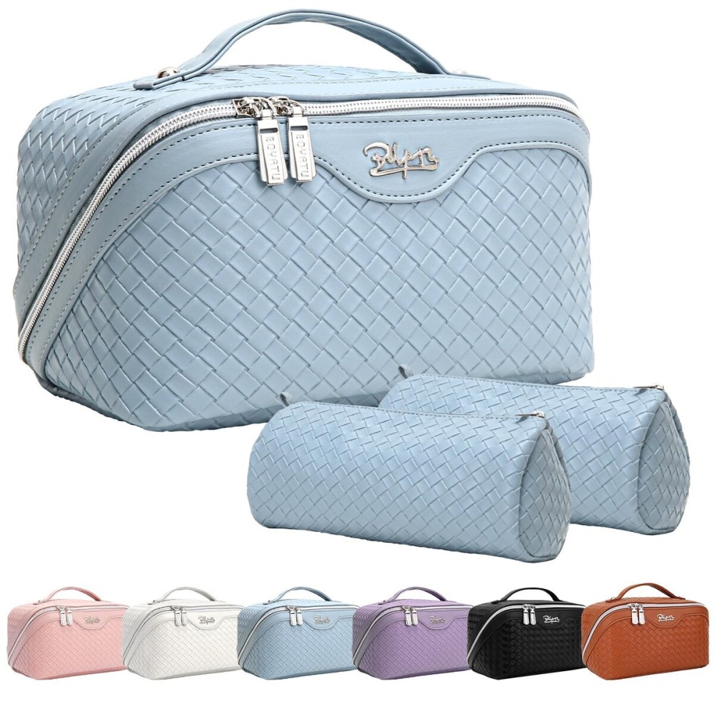 BOYATU Travel Makeup Bags for Women: Large Makeup Organizer - PU Leather Make up Bag Set of 3 - Portable Toiletry Bag with Compartments & Handle & Divider (L02 Light Blue)