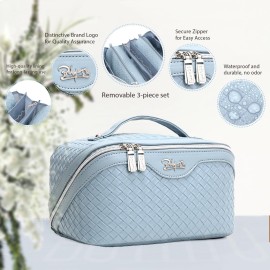BOYATU Travel Makeup Bags for Women: Large Makeup Organizer - PU Leather Make up Bag Set of 3 - Portable Toiletry Bag with Compartments & Handle & Divider (L02 Light Blue)