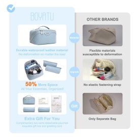 BOYATU Travel Makeup Bags for Women: Large Makeup Organizer - PU Leather Make up Bag Set of 3 - Portable Toiletry Bag with Compartments & Handle & Divider (L02 Light Blue)