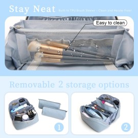 BOYATU Travel Makeup Bags for Women: Large Makeup Organizer - PU Leather Make up Bag Set of 3 - Portable Toiletry Bag with Compartments & Handle & Divider (L02 Light Blue)