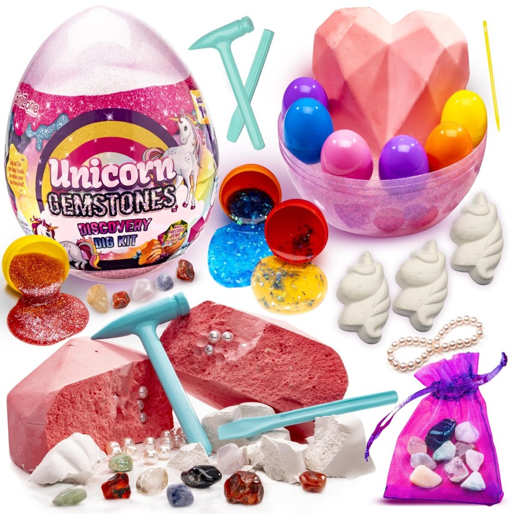 GirlZone Unicorn Gemstones Discovery Dig Kit, 13 Gemstone Dig with Slime and Precious Gems, Gift-Ready DIY Bracelet Kit, STEM Craft for Kids Age 12-14, Perfect for Valentine Gifts