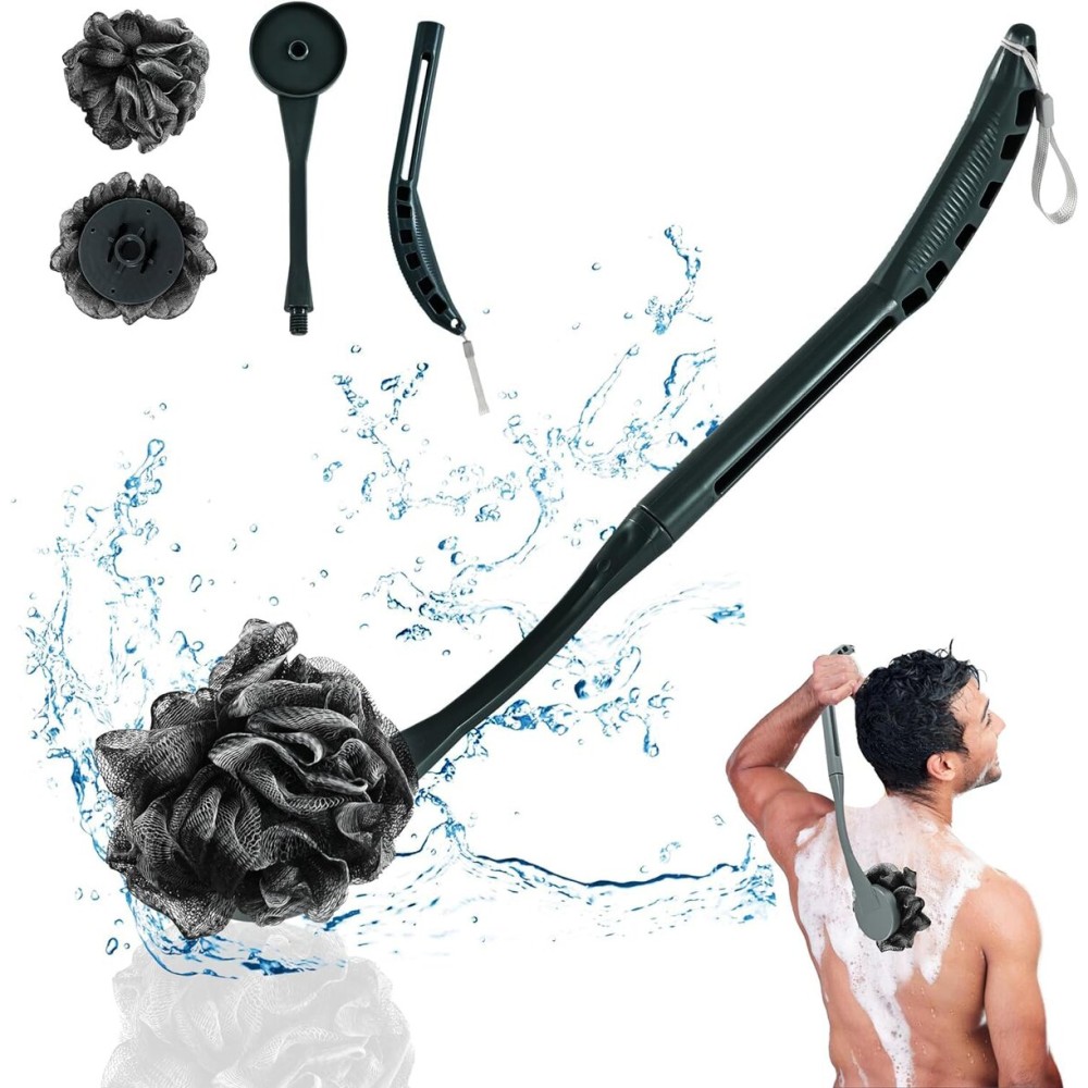 Loofah with Handle, 20.5\'\' Replaceable Shower Loofah to Improve Skin Health, Body Scrubber, for Women and Men with String for Easy HangingDark Black