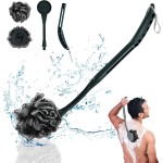 Loofah with Handle, 20.5\'\' Replaceable Shower Loofah to Improve Skin Health, Body Scrubber, for Women and Men with String for Easy HangingDark Black