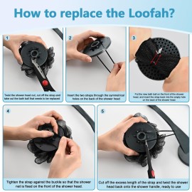 Loofah with Handle, 20.5\'\' Replaceable Shower Loofah to Improve Skin Health, Body Scrubber, for Women and Men with String for Easy HangingDark Black