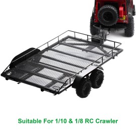 AMK RC Trailer Metal 1/8 1/10 RC Trailer with RC Trailer Hook Coupler and Kinetic Winch Strap for 1/8 1/10 RC Crawler SCX10 D90 Wrangler TRX6 Redcat GEN8 RGT 86100 SMT TRX4 Upgrades