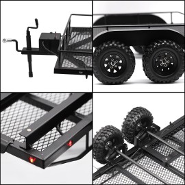AMK RC Trailer Metal 1/8 1/10 RC Trailer with RC Trailer Hook Coupler and Kinetic Winch Strap for 1/8 1/10 RC Crawler SCX10 D90 Wrangler TRX6 Redcat GEN8 RGT 86100 SMT TRX4 Upgrades