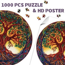 Tree of Life Puzzles for Adults 1000 Pieces, Mandala Tree Jigsaw Puzzles, Nature Plant Round Puzzle, Hard Challenging Puzzles