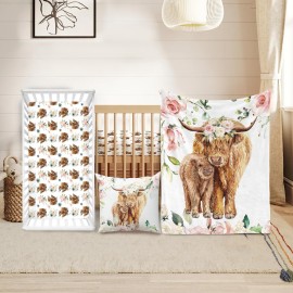 Duckbe Baby Crib Bedding Set - Highland Cow Design Nursery Bedding 3 Pcs Set - Chic Soft Blanket, Sheet, Pillowcase for Newborns Boys Girls Gifts Color25