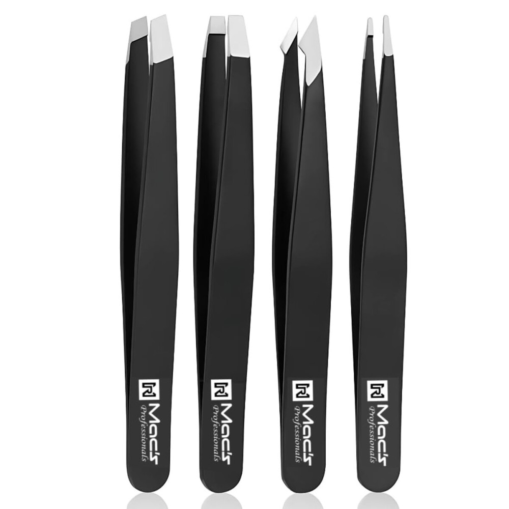 Macs Tweezers Set - Professional Stainless Steel Tweezers for Eyebrows - Great Precision for Facial Hair, Splinter and Ingrown Hair Removal (Black 4 Pcs) Macs Tweezers Set - Professional Stainless Steel Tweezers for Eyebrows - Great Precision for Facial Hair, Splinter and Ingrown Hair Removal (Black 4 Pcs)