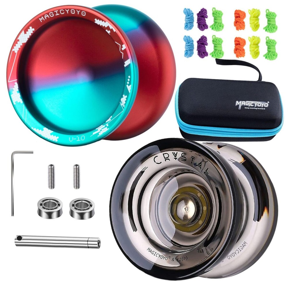 MAGICYOYO Pack of 2 Yoyos, Professional Yoyo V10 & K2, Responsive Yoyo for Kids Beginners, Unresponsive Yoyo for Adults, with 12 Yoyo Strings, Yoyo Case Storage Bag (Blue Red & Black )