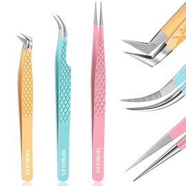MORGLES Lash Tweezers for Eyelash Extensions, 3 Pcs Eyelash Extension Tweezers for Professionals & Beginners Fanning Volume Lashes
