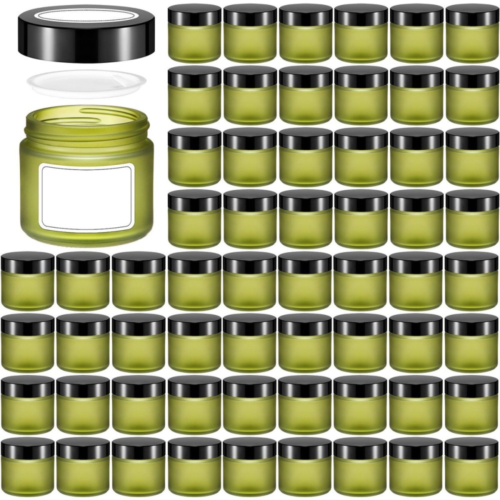 Layhit 60pcs 2 oz Glass Jars with Lids Empty Round Cosmetic Jars Travel Storage Jar with Inner Liners White Labels for Scrubs, Lotions, Cosmetic,Spice,Powder and Ointments (Green,Black Lid)