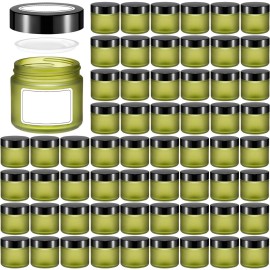 Layhit 60pcs 2 oz Glass Jars with Lids Empty Round Cosmetic Jars Travel Storage Jar with Inner Liners White Labels for Scrubs, Lotions, Cosmetic,Spice,Powder and Ointments (Green,Black Lid)
