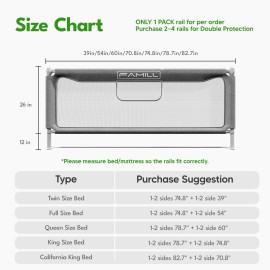 FAMILL Bed Rail for Toddlers, Toddler Bed Rails, 2 Minutes Assembly Foldable Guard with U-Shaped Base, Suitable for Queen/King/Full/Twin Size, Grey, 60, 1 Side