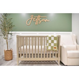 Checkered Baby Blanket 28x40 with Leather Patch - DreamSoft Knitted Throw for Crib/Stroller - Receiving Blanket/Newborn Nursery Gift Essential for Toddler, Infant, Babies or Kids (Sage Green/White)