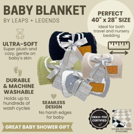 Checkered Baby Blanket 28x40 with Leather Patch - DreamSoft Knitted Throw for Crib/Stroller - Receiving Blanket/Newborn Nursery Gift Essential for Toddler, Infant, Babies or Kids (Sage Green/White)