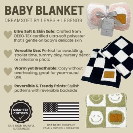 Checkered Baby Blanket 28x40 with Leather Patch - DreamSoft Knitted Throw for Crib/Stroller - Receiving Blanket/Newborn Nursery Gift Essential for Toddler, Infant, Babies or Kids (Sage Green/White)