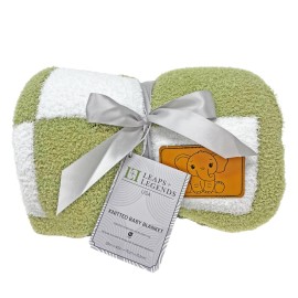 Checkered Baby Blanket 28x40 with Leather Patch - DreamSoft Knitted Throw for Crib/Stroller - Receiving Blanket/Newborn Nursery Gift Essential for Toddler, Infant, Babies or Kids (Sage Green/White)